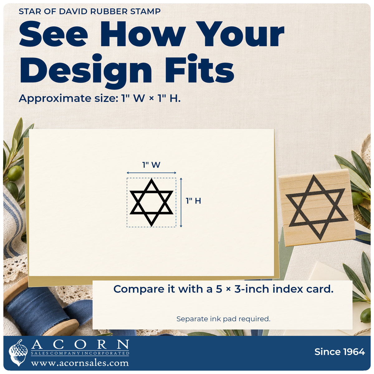 Star of David Rubber Stamp impression-size guide showing the design on a paper reference with dimension labels.