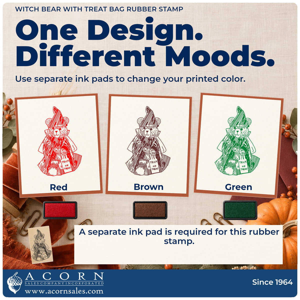 Witch Bear with Treat Bag Rubber Stamp ink-color infographic comparing three single-color impressions and a separate ink pad.
