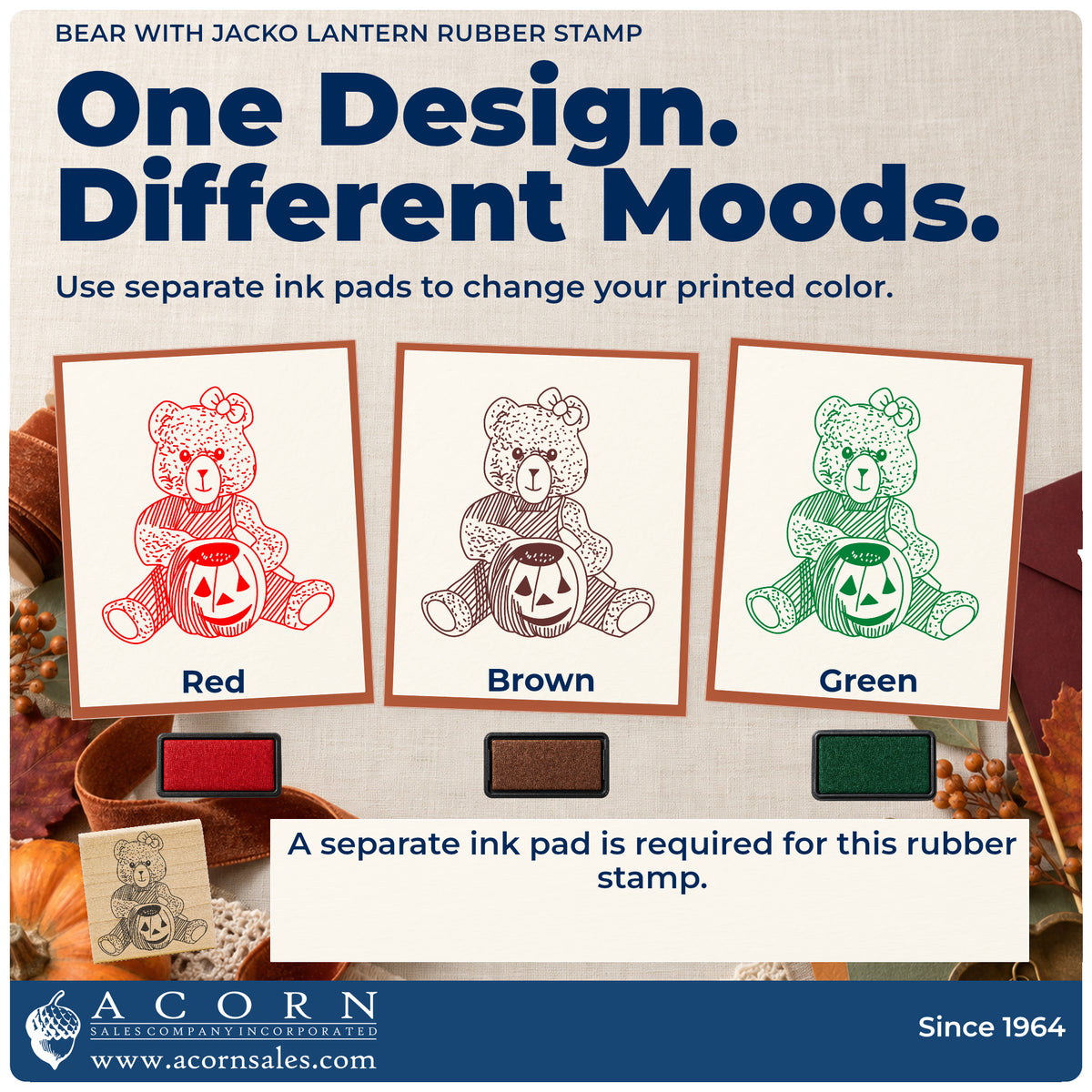 Bear with Jacko Lantern Rubber Stamp ink-color infographic comparing three single-color impressions and a separate ink pad.
