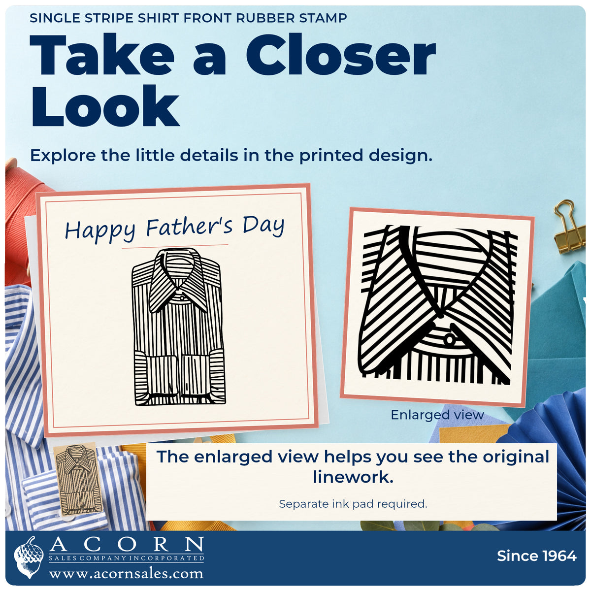 Single Stripe Shirt Front Rubber Stamp detail infographic with an enlarged view of the printed design.