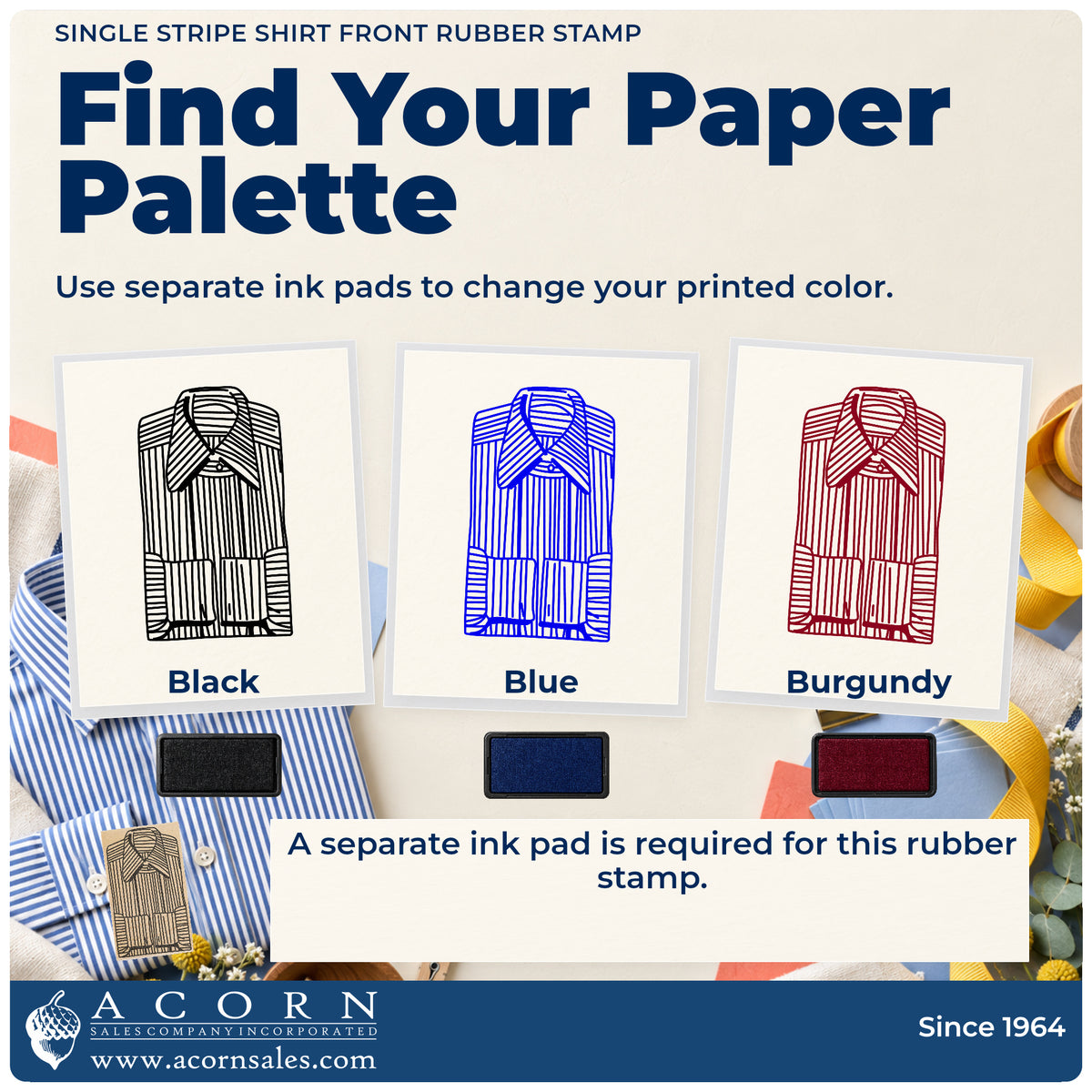 Single Stripe Shirt Front Rubber Stamp ink-color infographic comparing three single-color impressions and a separate ink pad.
