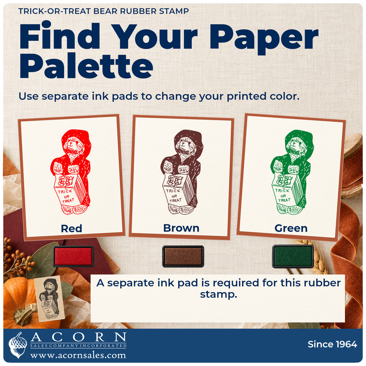 Trick-or-Treat Bear Rubber Stamp ink-color infographic comparing three single-color impressions and a separate ink pad.