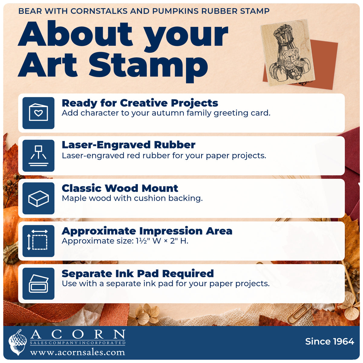 Bear with Cornstalks and Pumpkins Rubber Stamp feature guide covering the wood mount, rubber construction, approximate size and separate ink pad.