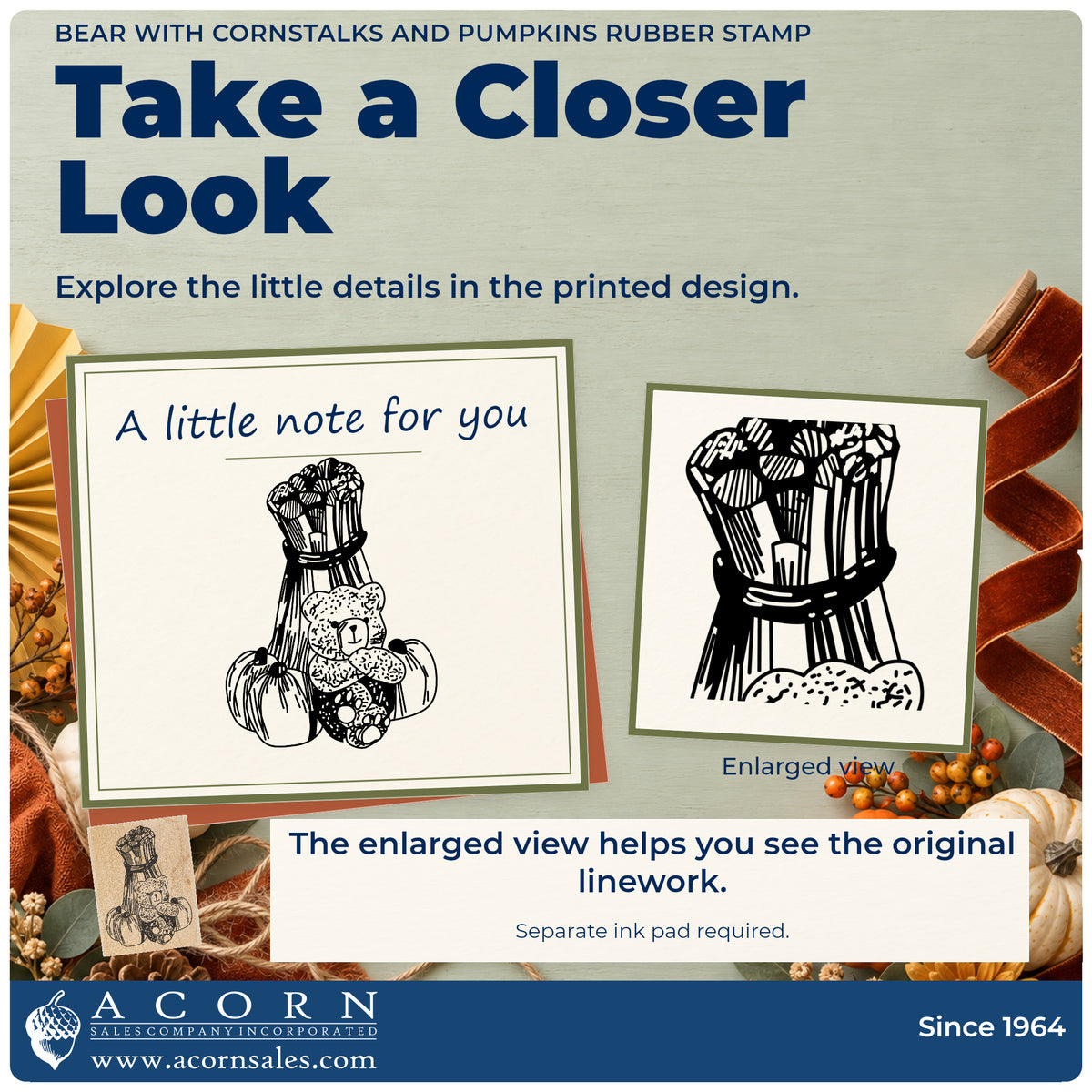 Bear with Cornstalks and Pumpkins Rubber Stamp detail infographic with an enlarged view of the printed design.