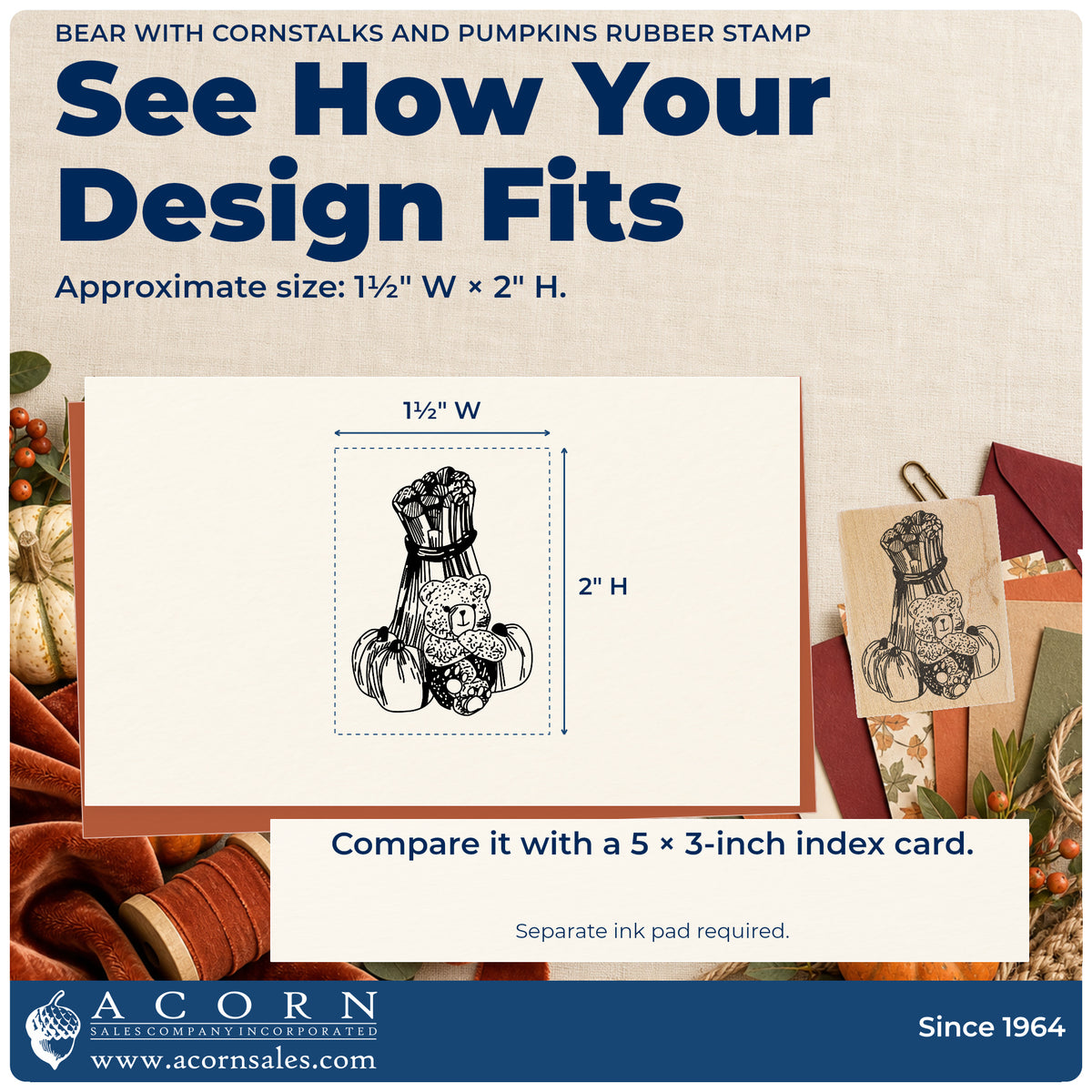 Bear with Cornstalks and Pumpkins Rubber Stamp impression-size guide showing the design on a paper reference with dimension labels.