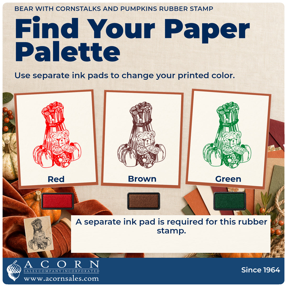 Bear with Cornstalks and Pumpkins Rubber Stamp ink-color infographic comparing three single-color impressions and a separate ink pad.