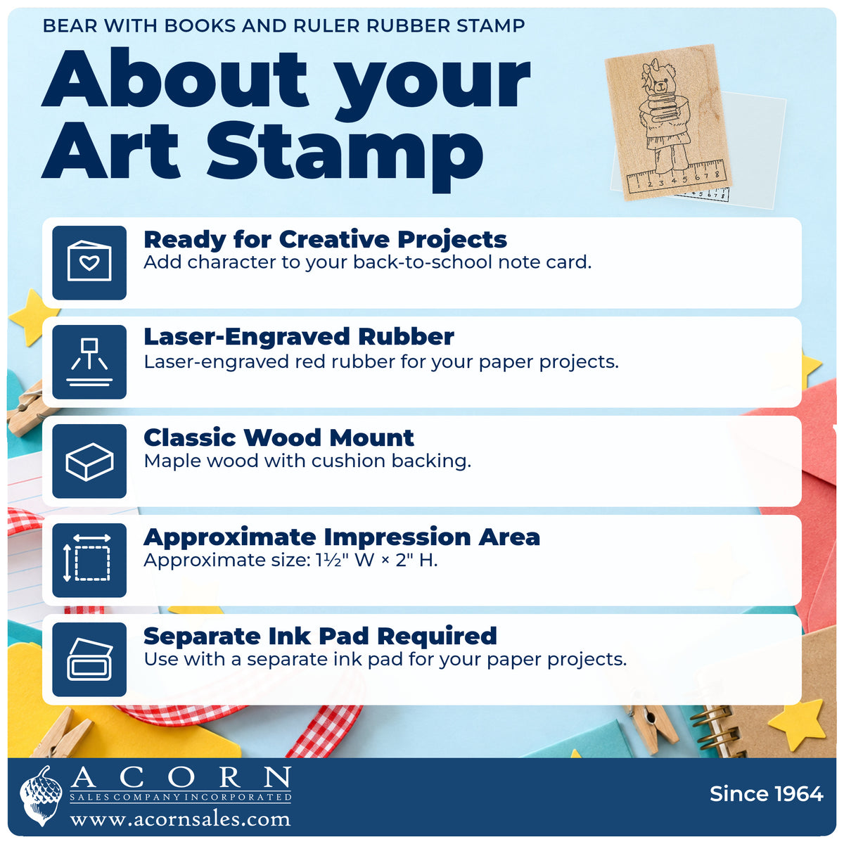 Bear with Books and Ruler Rubber Stamp feature guide covering the wood mount, rubber construction, approximate size and separate ink pad.