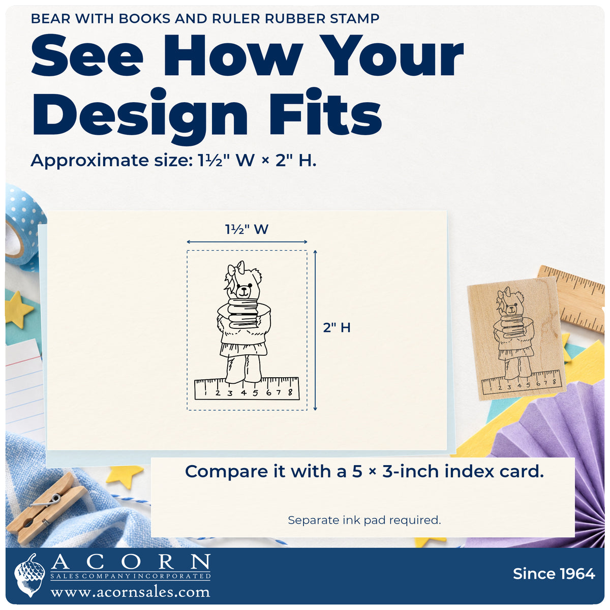 Bear with Books and Ruler Rubber Stamp impression-size guide showing the design on a paper reference with dimension labels.