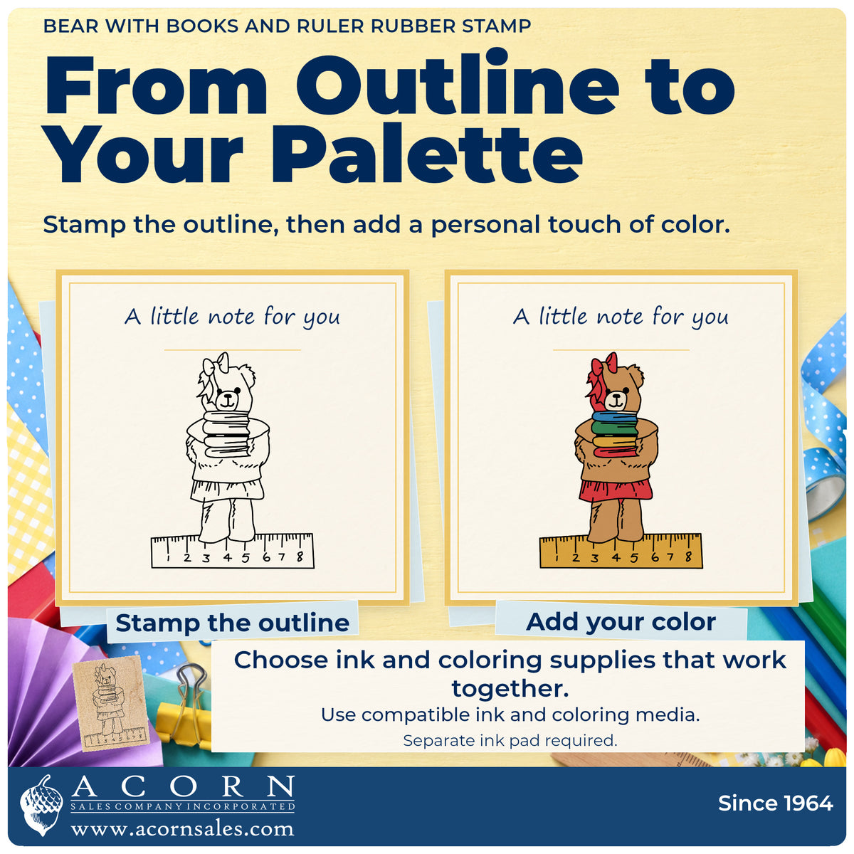 Bear with Books and Ruler Rubber Stamp stamp-and-color guide comparing an outline impression with a colored example.