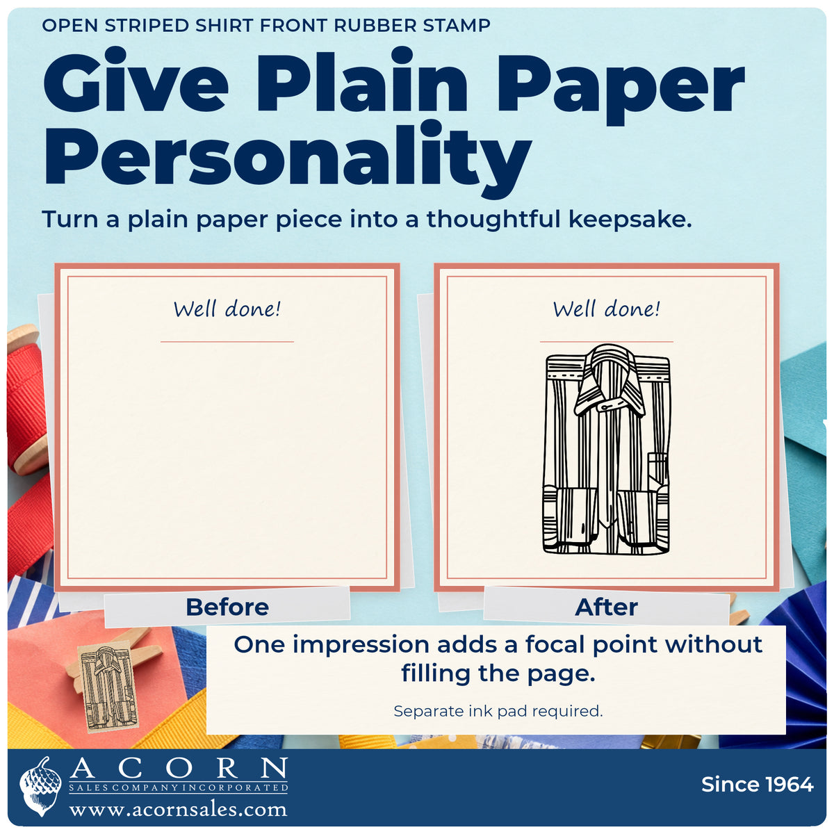 Open Striped Shirt Front Rubber Stamp before-and-after infographic comparing plain paper with the stamped project.