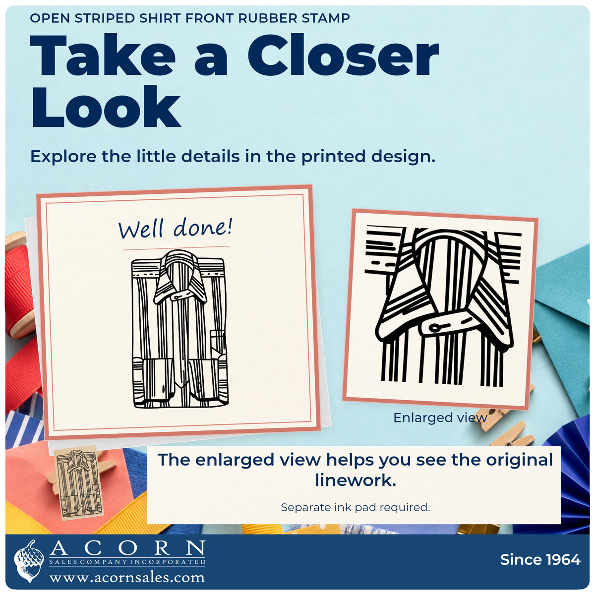 Open Striped Shirt Front Rubber Stamp detail infographic with an enlarged view of the printed design.