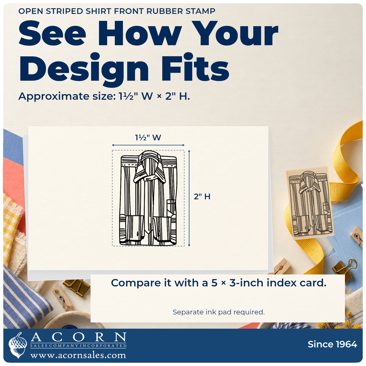 Open Striped Shirt Front Rubber Stamp impression-size guide showing the design on a paper reference with dimension labels.