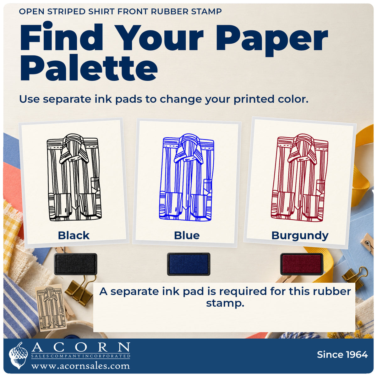 Open Striped Shirt Front Rubber Stamp ink-color infographic comparing three single-color impressions and a separate ink pad.