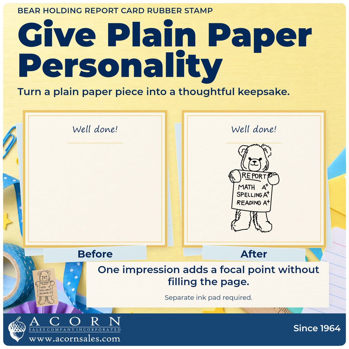 Bear Holding Report Card Rubber Stamp before-and-after infographic comparing plain paper with the stamped project.