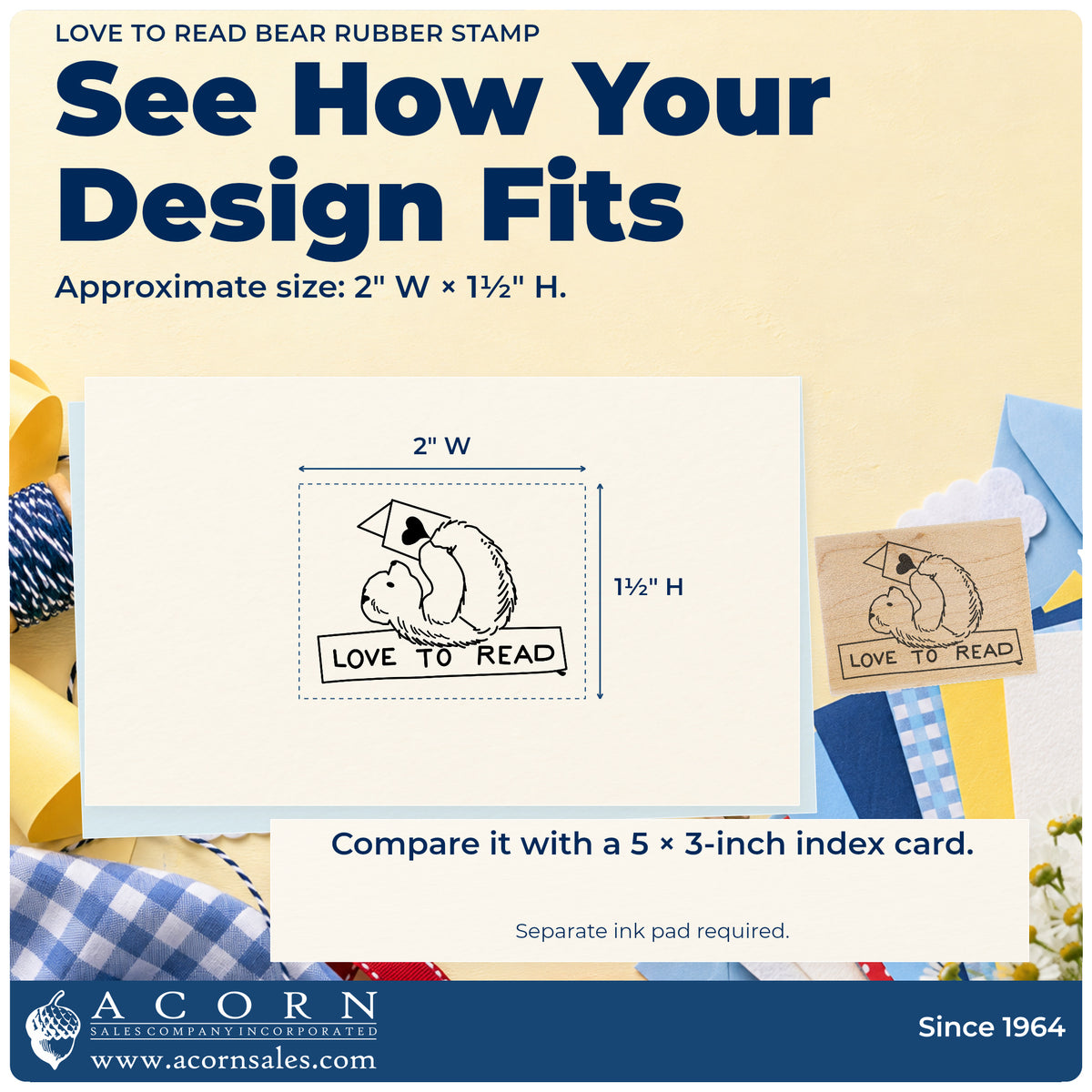 Love to Read Bear Rubber Stamp impression-size guide showing the design on a paper reference with dimension labels.