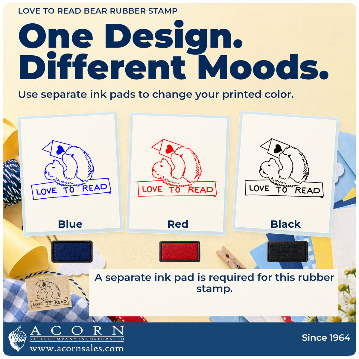 Love to Read Bear Rubber Stamp ink-color infographic comparing three single-color impressions and a separate ink pad.