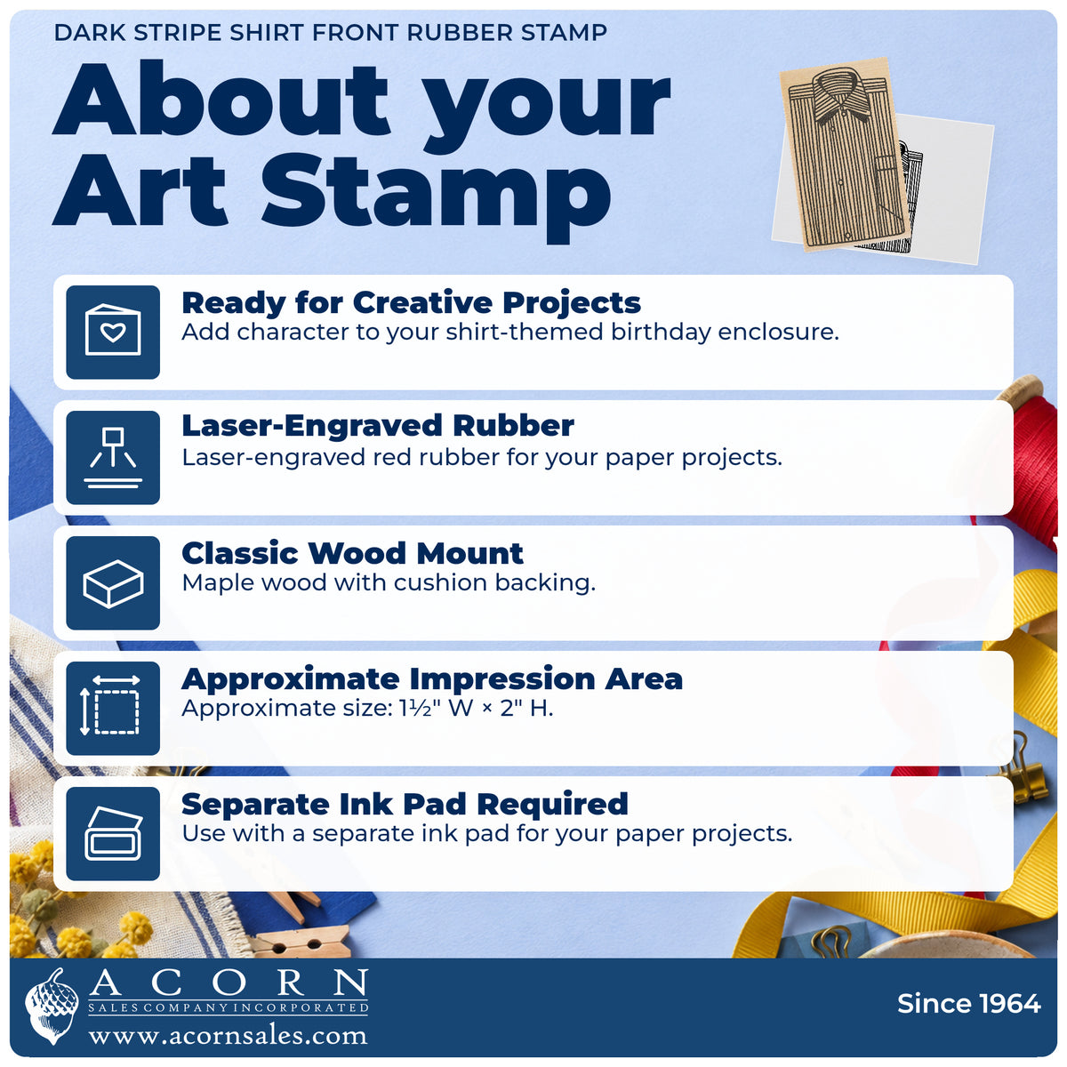 Dark Stripe Shirt Front Rubber Stamp feature guide covering the wood mount, rubber construction, approximate size and separate ink pad.