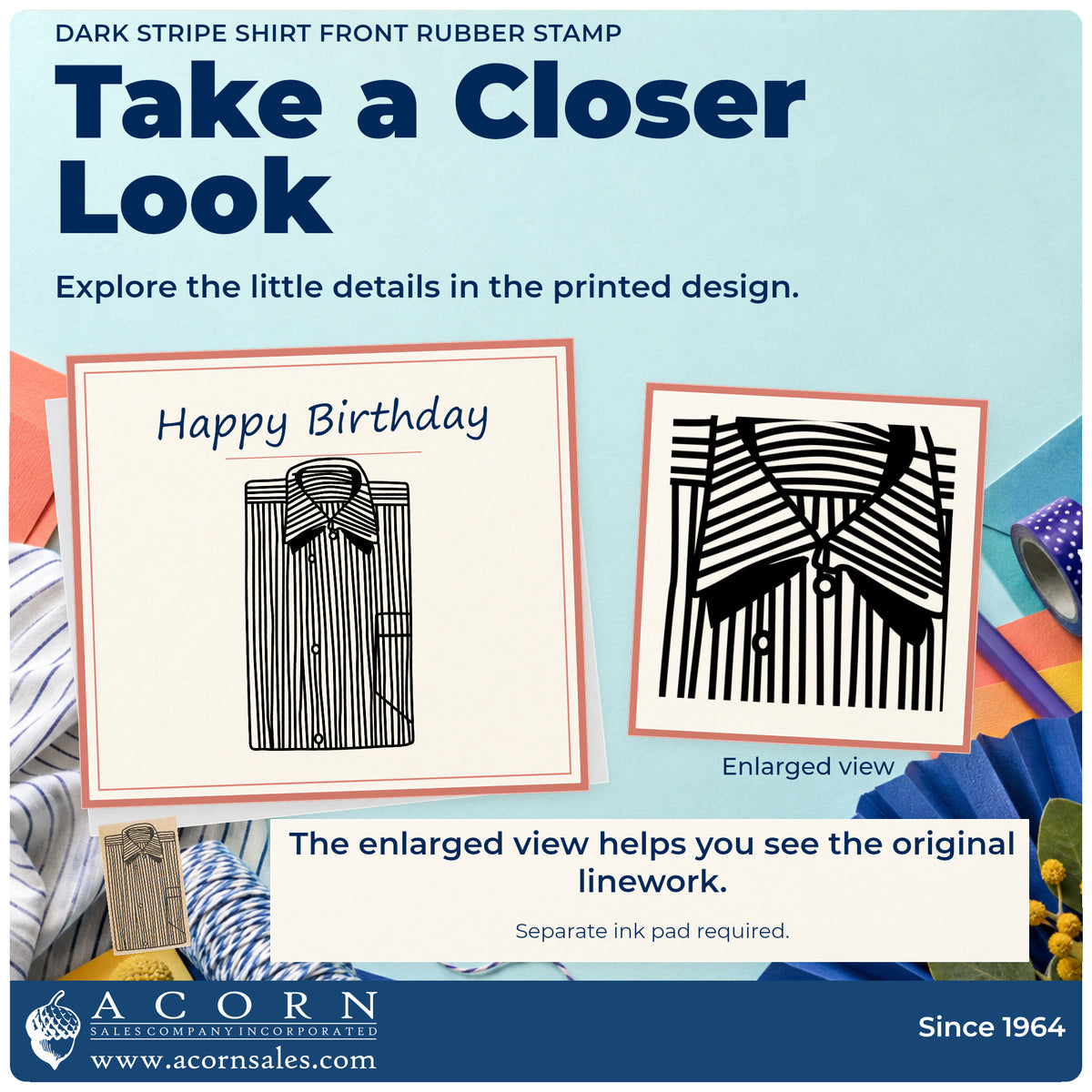 Dark Stripe Shirt Front Rubber Stamp detail infographic with an enlarged view of the printed design.