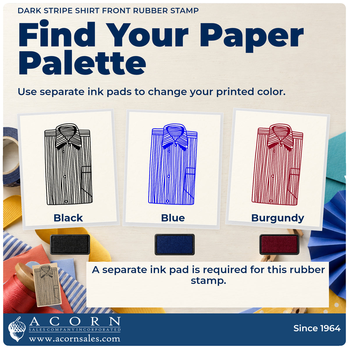 Dark Stripe Shirt Front Rubber Stamp ink-color infographic comparing three single-color impressions and a separate ink pad.