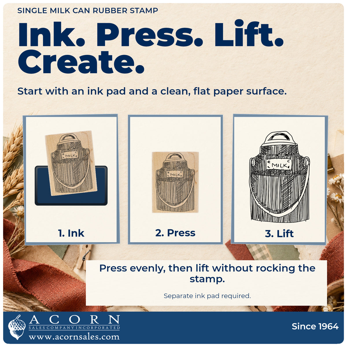 Single Milk Can Rubber Stamp stamping guide illustrating how to ink, press and lift the stamp.