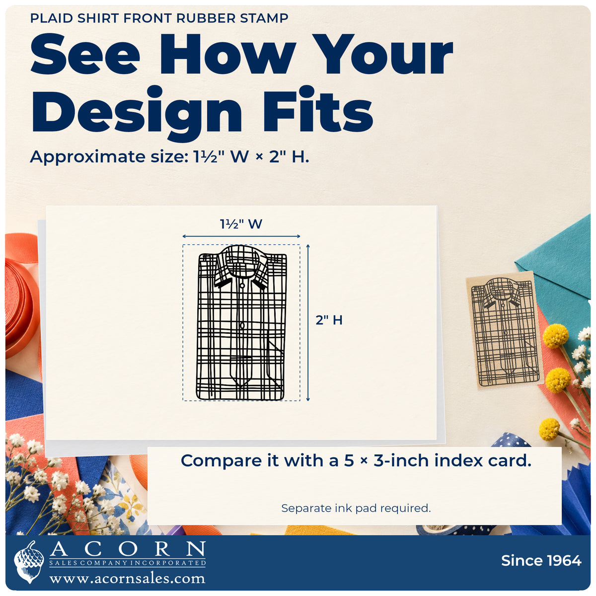 Plaid Shirt Front Rubber Stamp impression-size guide showing the design on a paper reference with dimension labels.