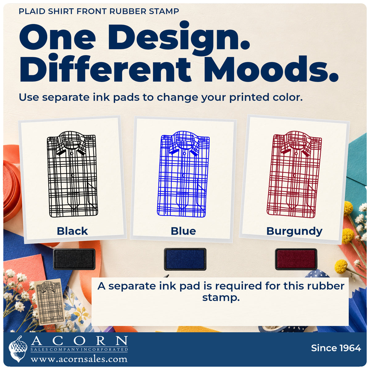 Plaid Shirt Front Rubber Stamp ink-color infographic comparing three single-color impressions and a separate ink pad.