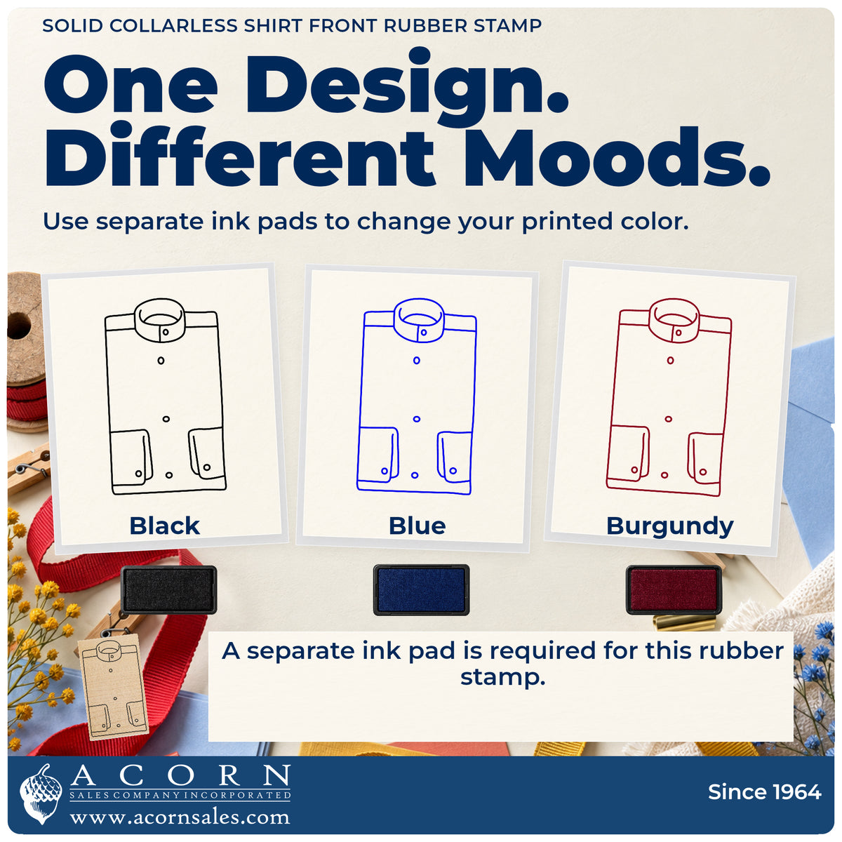 Solid Collarless Shirt Front Rubber Stamp ink-color infographic comparing three single-color impressions and a separate ink pad.