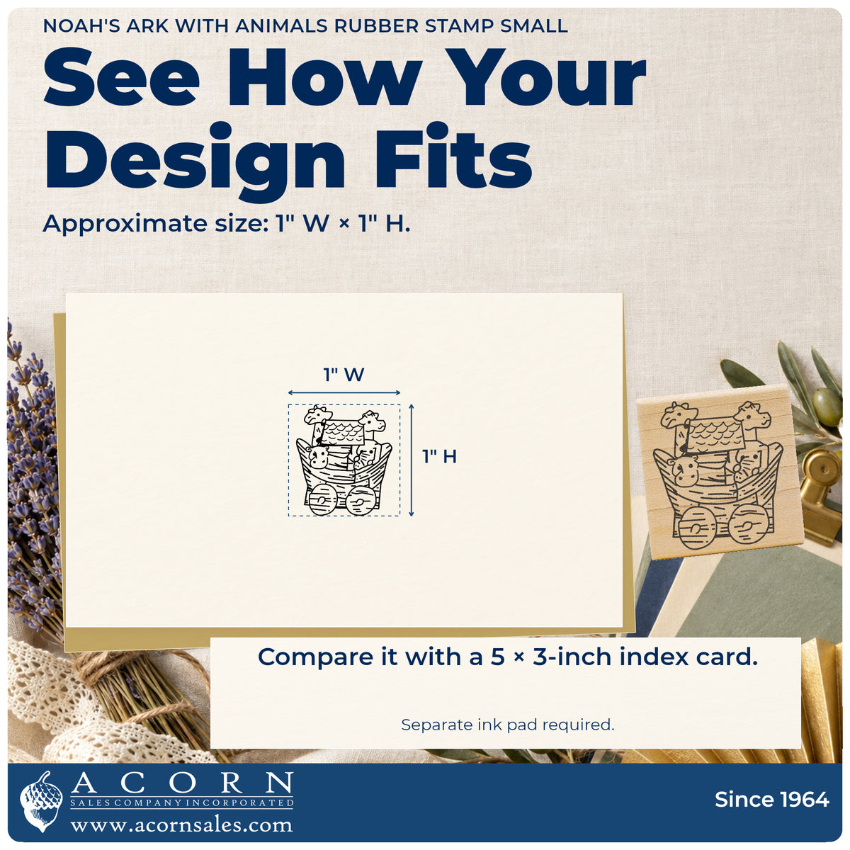 Noah's Ark with Animals Rubber Stamp Small impression-size guide showing the design on a paper reference with dimension labels.