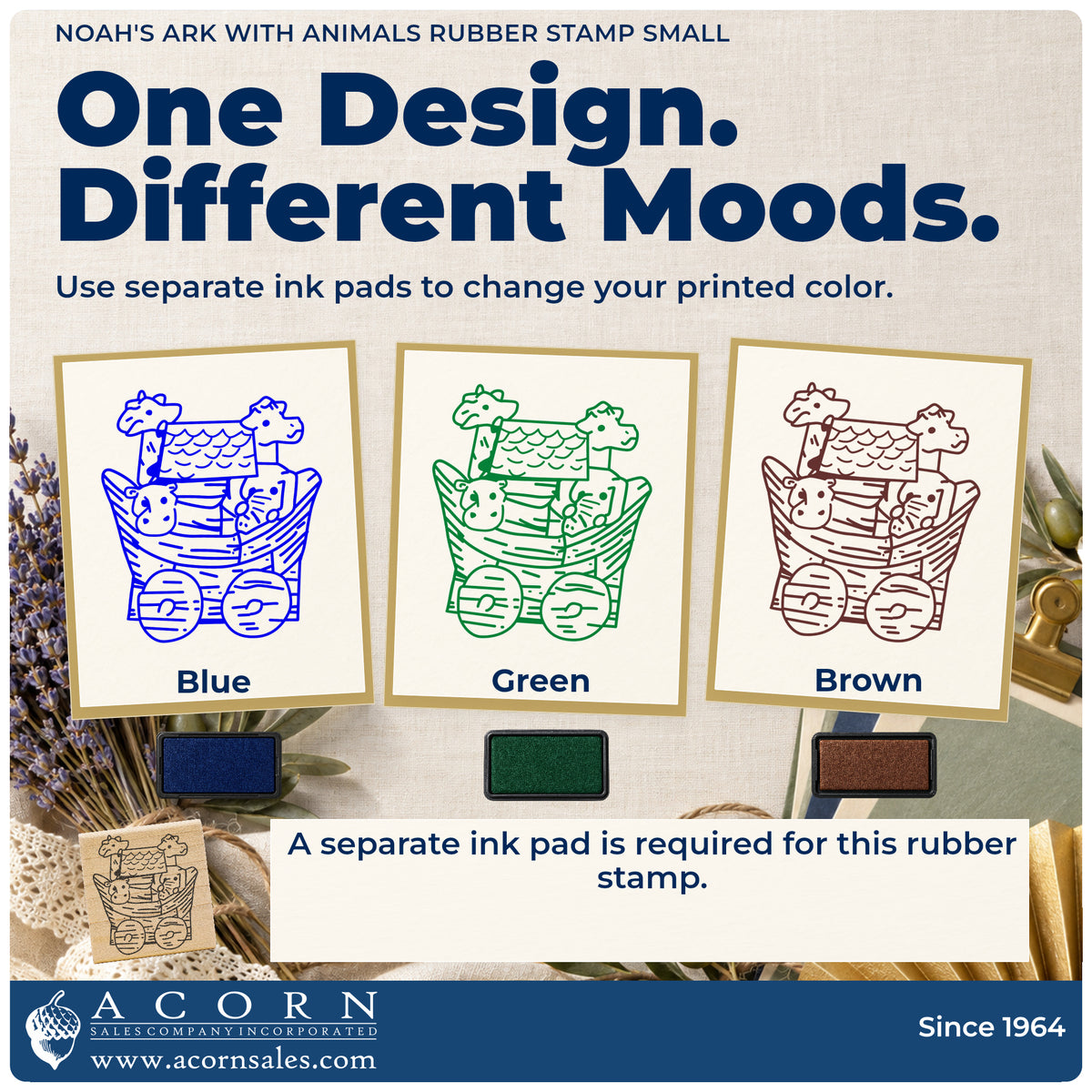 Noah's Ark with Animals Rubber Stamp Small ink-color infographic comparing three single-color impressions and a separate ink pad.