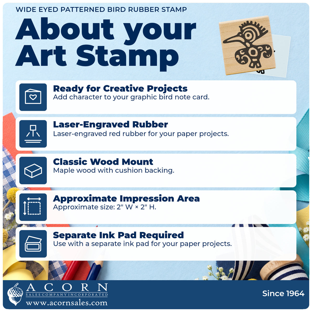 Wide Eyed Patterned Bird Rubber Stamp feature guide covering the wood mount, rubber construction, approximate size and separate ink pad.