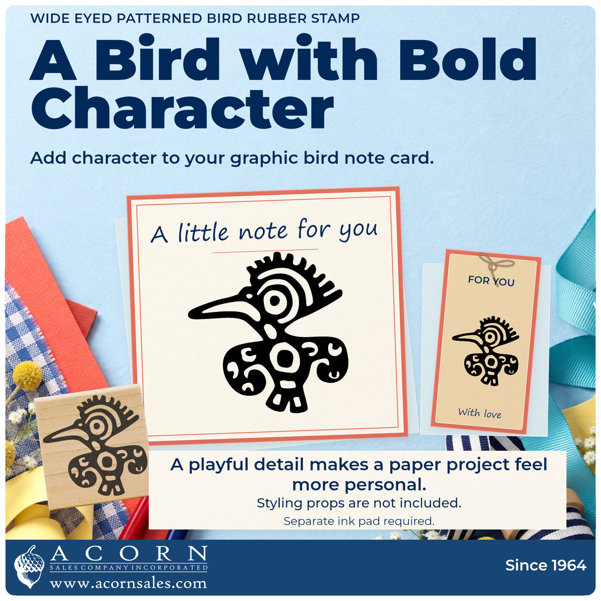 Wide Eyed Patterned Bird Rubber Stamp project inspiration: graphic bird note card.
