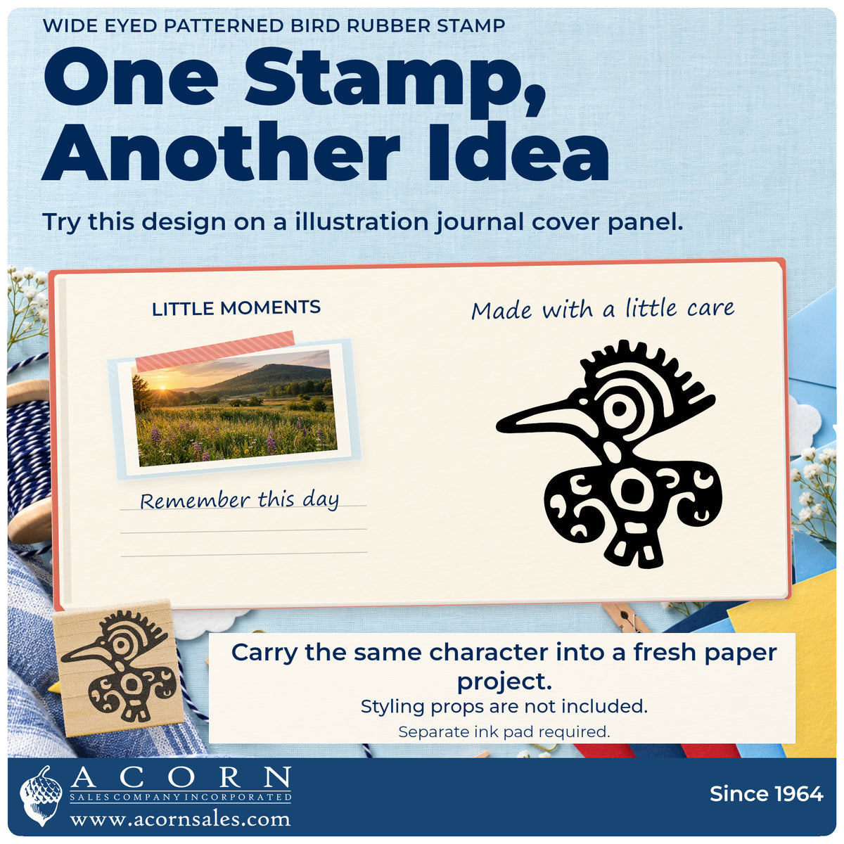 Wide Eyed Patterned Bird Rubber Stamp project inspiration: illustration journal cover panel.