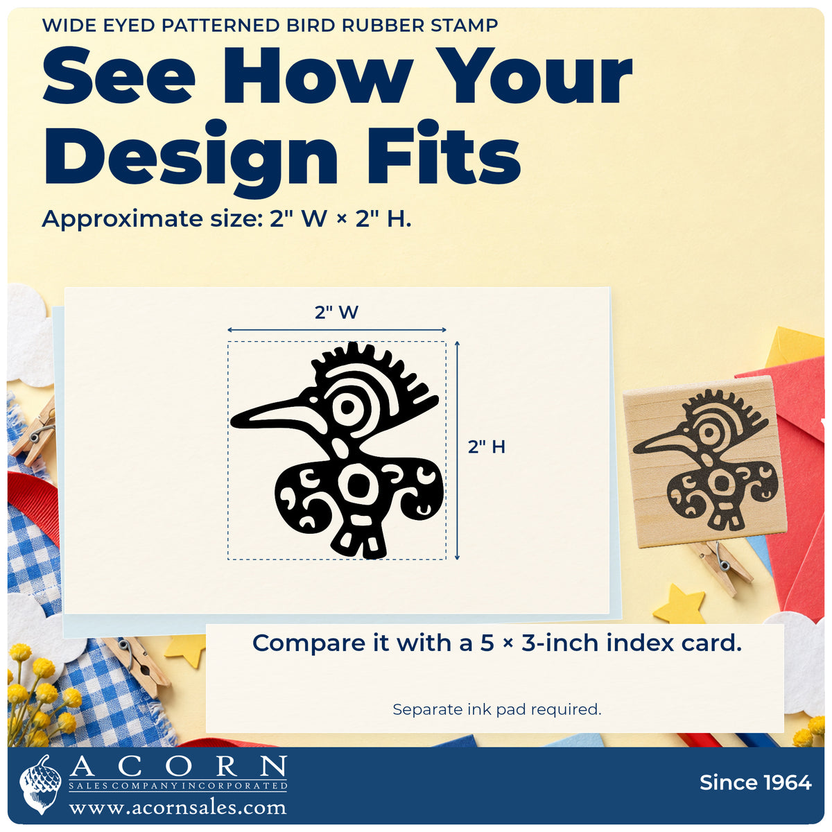Wide Eyed Patterned Bird Rubber Stamp impression-size guide showing the design on a paper reference with dimension labels.