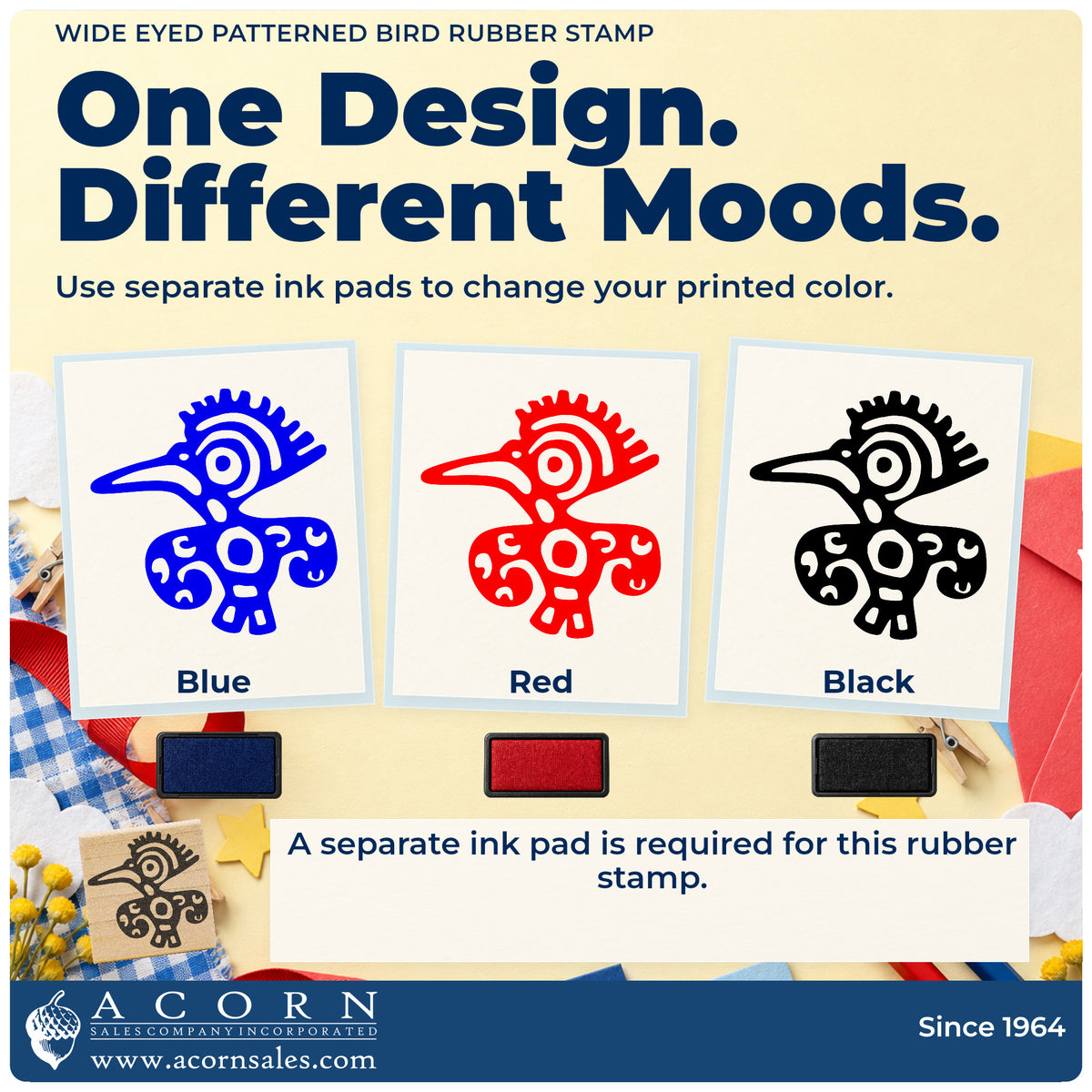 Wide Eyed Patterned Bird Rubber Stamp ink-color infographic comparing three single-color impressions and a separate ink pad.