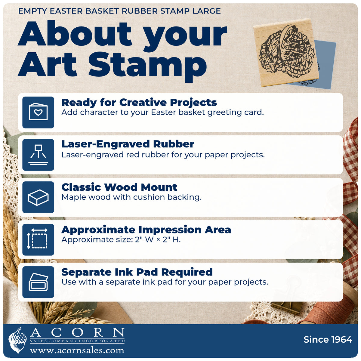 Empty Easter Basket Rubber Stamp Large feature guide covering the wood mount, rubber construction, approximate size and separate ink pad.