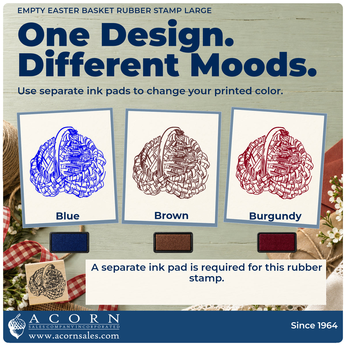 Empty Easter Basket Rubber Stamp Large ink-color infographic comparing three single-color impressions and a separate ink pad.