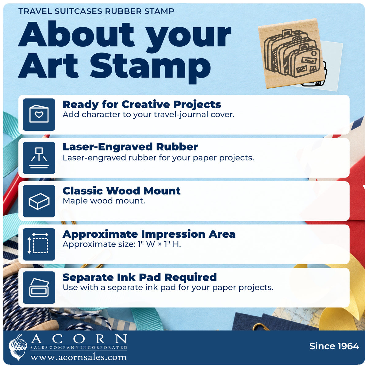Travel Suitcases Rubber Stamp feature guide covering the wood mount, rubber construction, approximate size and separate ink pad.
