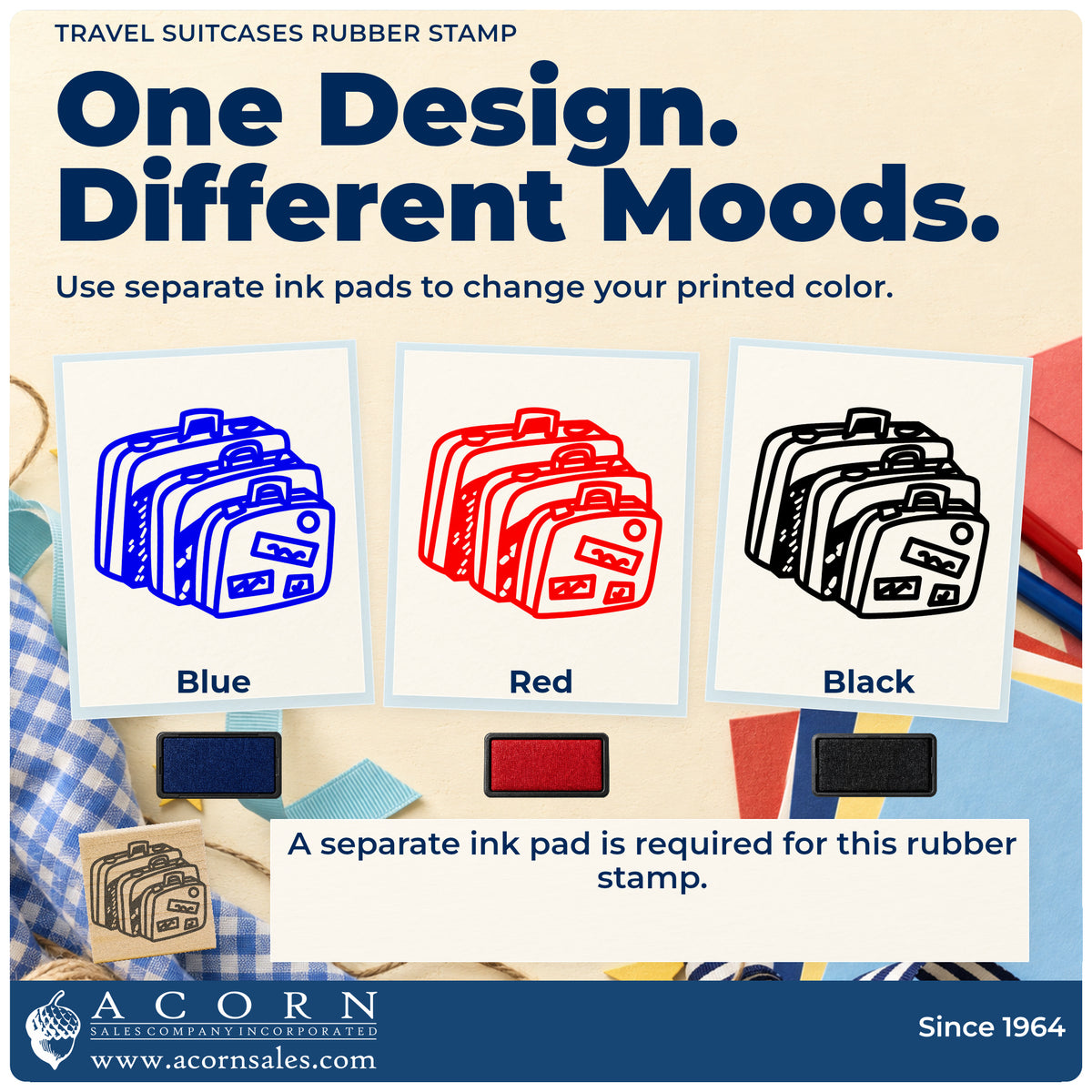 Travel Suitcases Rubber Stamp ink-color infographic comparing three single-color impressions and a separate ink pad.
