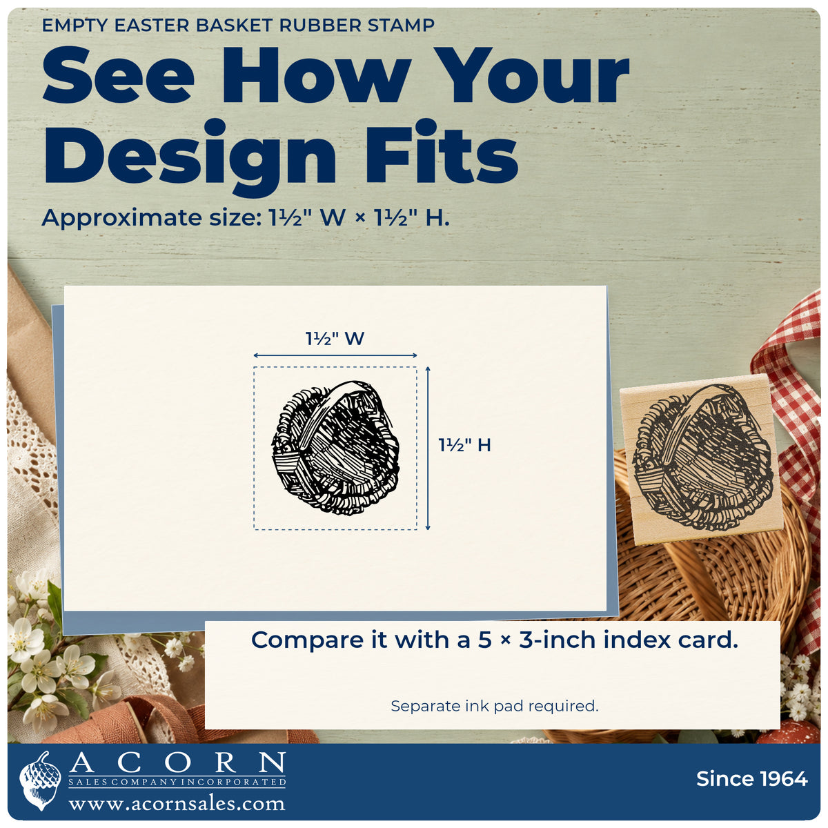 Empty Easter Basket Rubber Stamp impression-size guide showing the design on a paper reference with dimension labels.