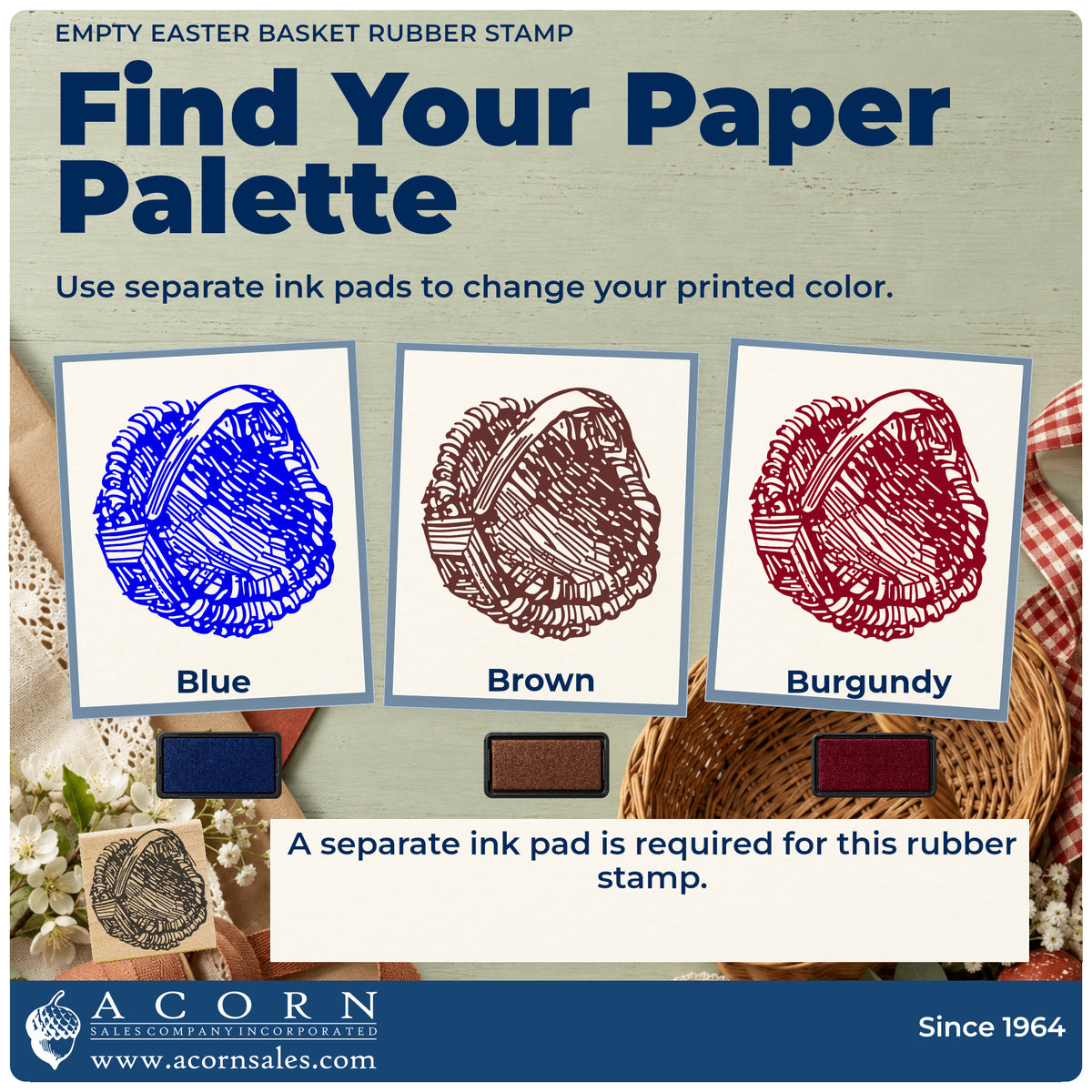 Empty Easter Basket Rubber Stamp ink-color infographic comparing three single-color impressions and a separate ink pad.