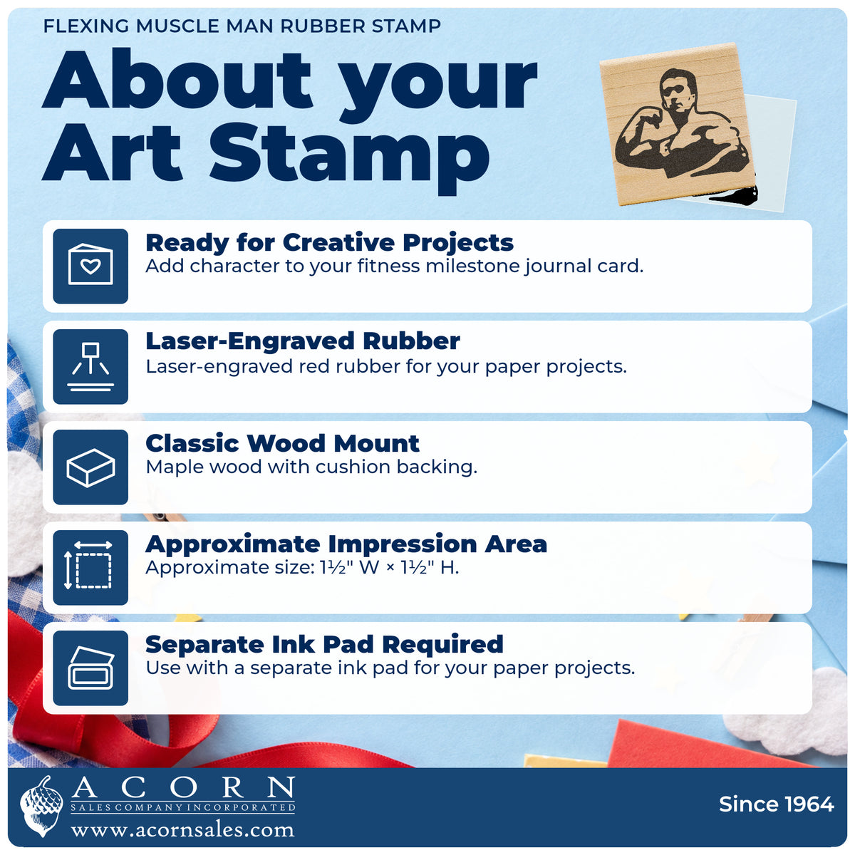 Flexing Muscle Man Rubber Stamp feature guide covering the wood mount, rubber construction, approximate size and separate ink pad.