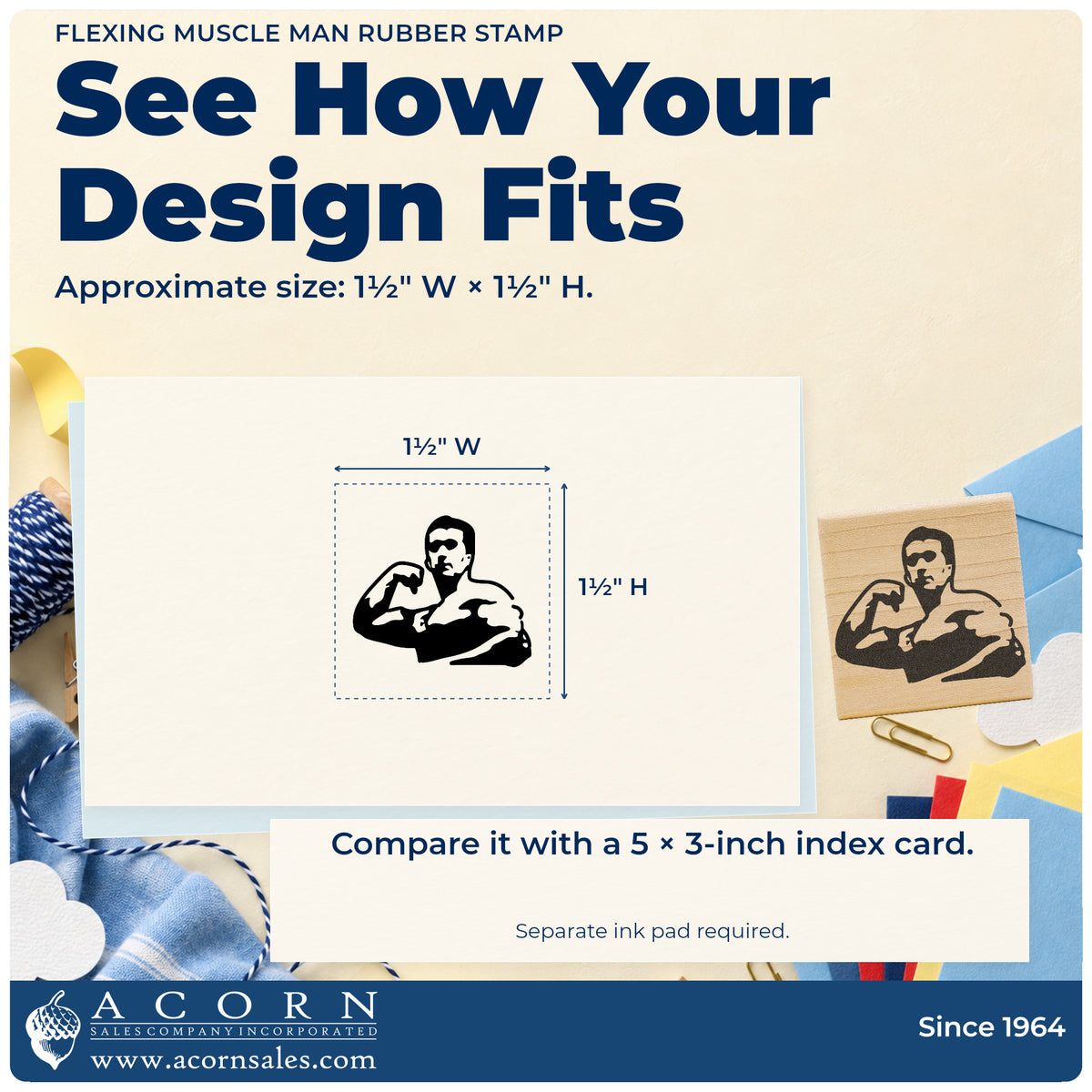 Flexing Muscle Man Rubber Stamp impression-size guide showing the design on a paper reference with dimension labels.