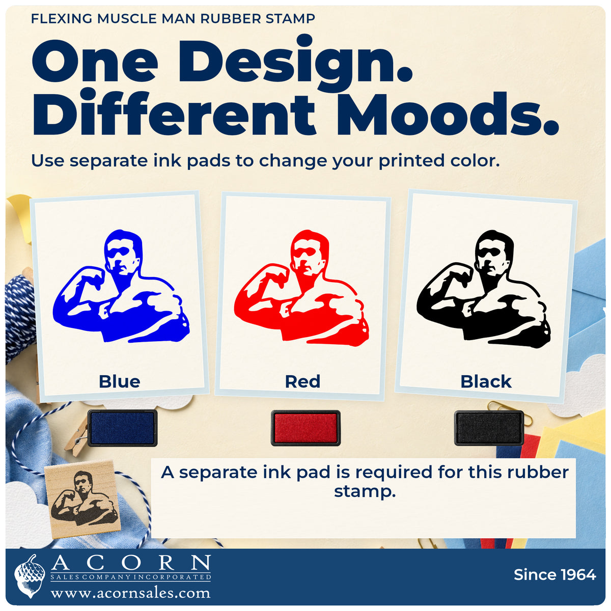 Flexing Muscle Man Rubber Stamp ink-color infographic comparing three single-color impressions and a separate ink pad.