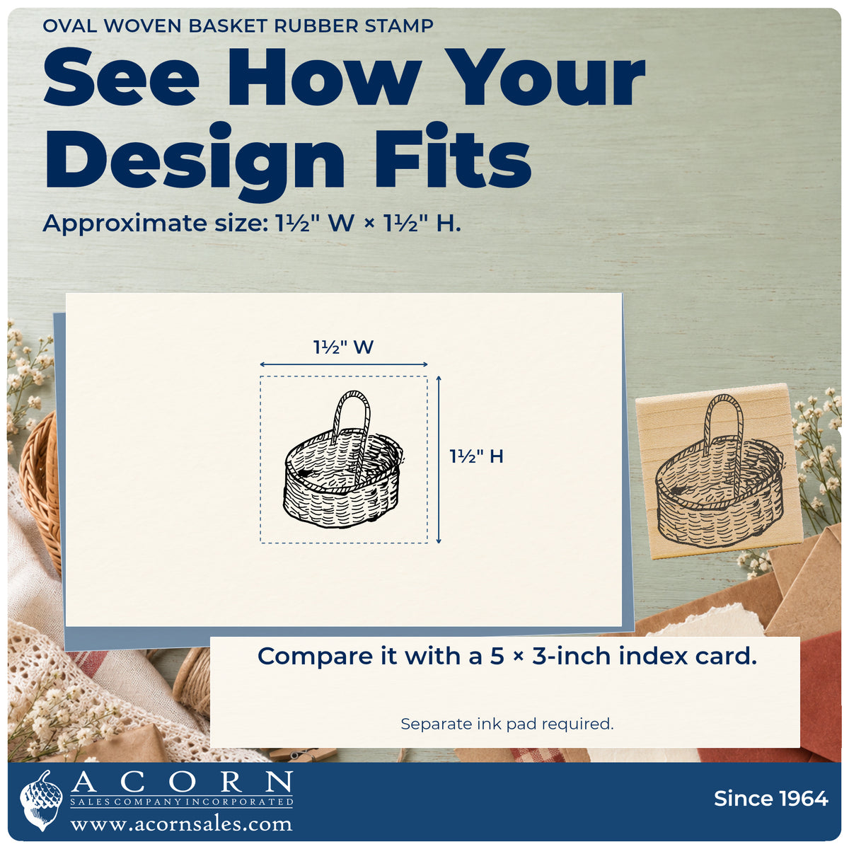 Oval Woven Basket Rubber Stamp impression-size guide showing the design on a paper reference with dimension labels.