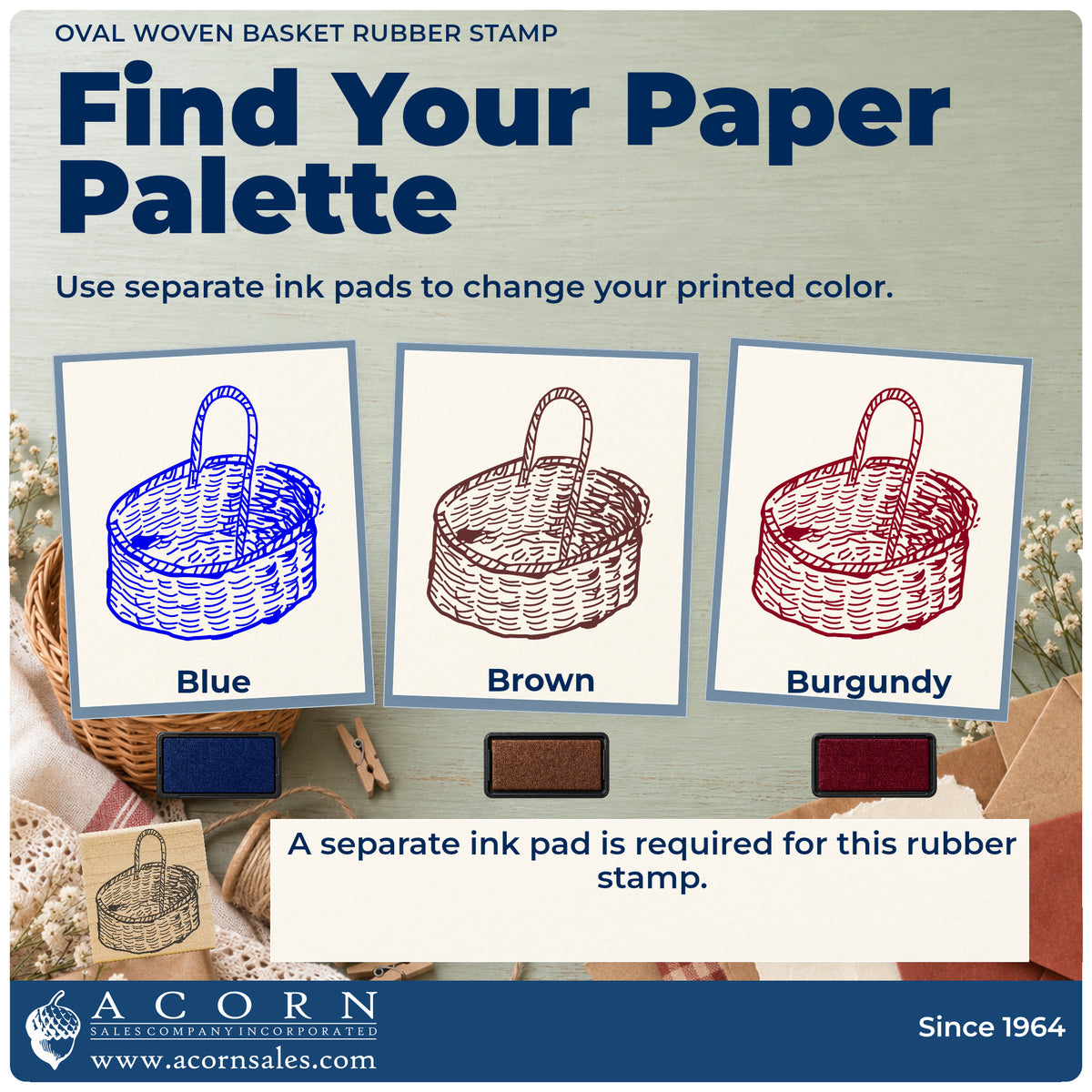 Oval Woven Basket Rubber Stamp ink-color infographic comparing three single-color impressions and a separate ink pad.