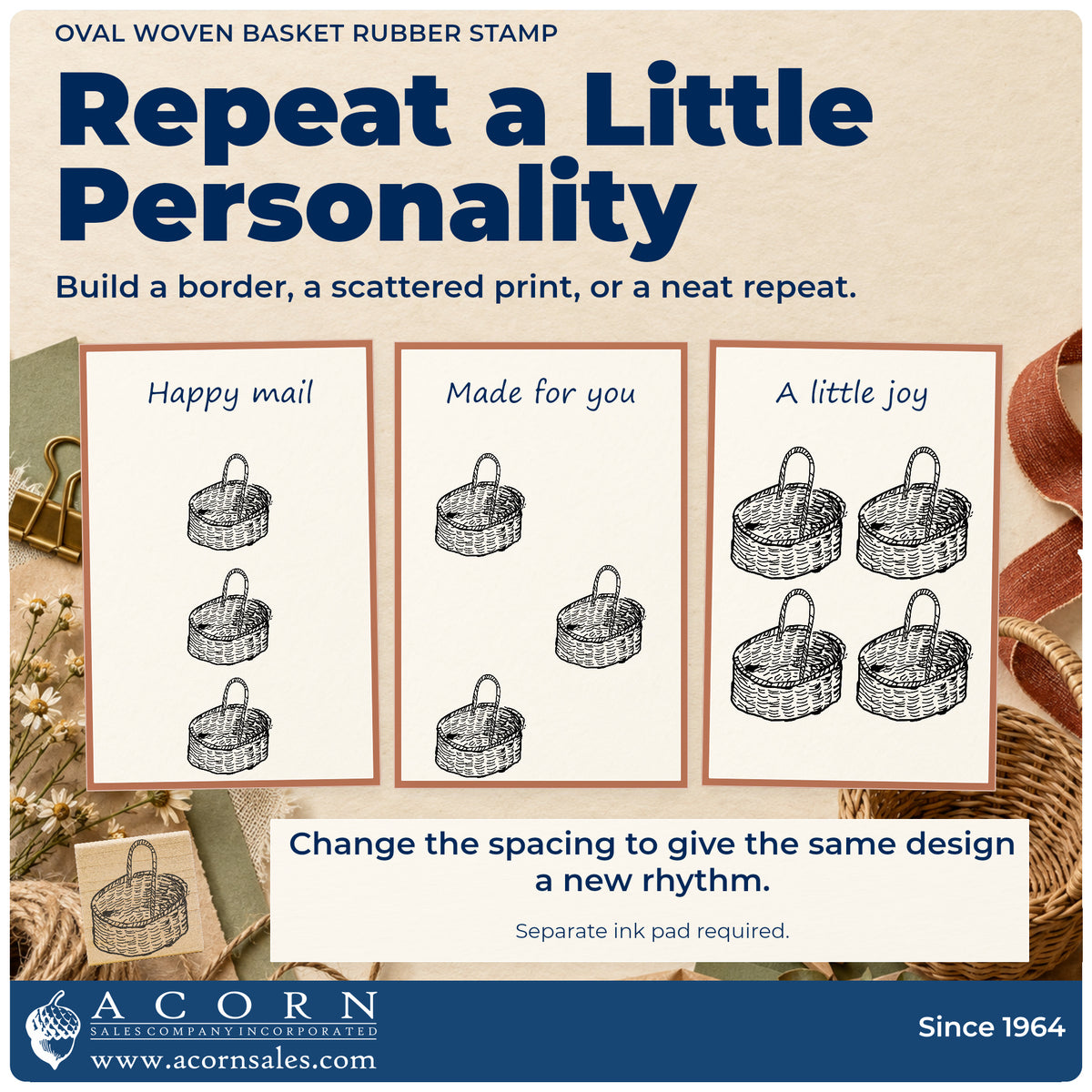 Oval Woven Basket Rubber Stamp pattern guide showing repeated impressions in borders, scattered prints and a grid.