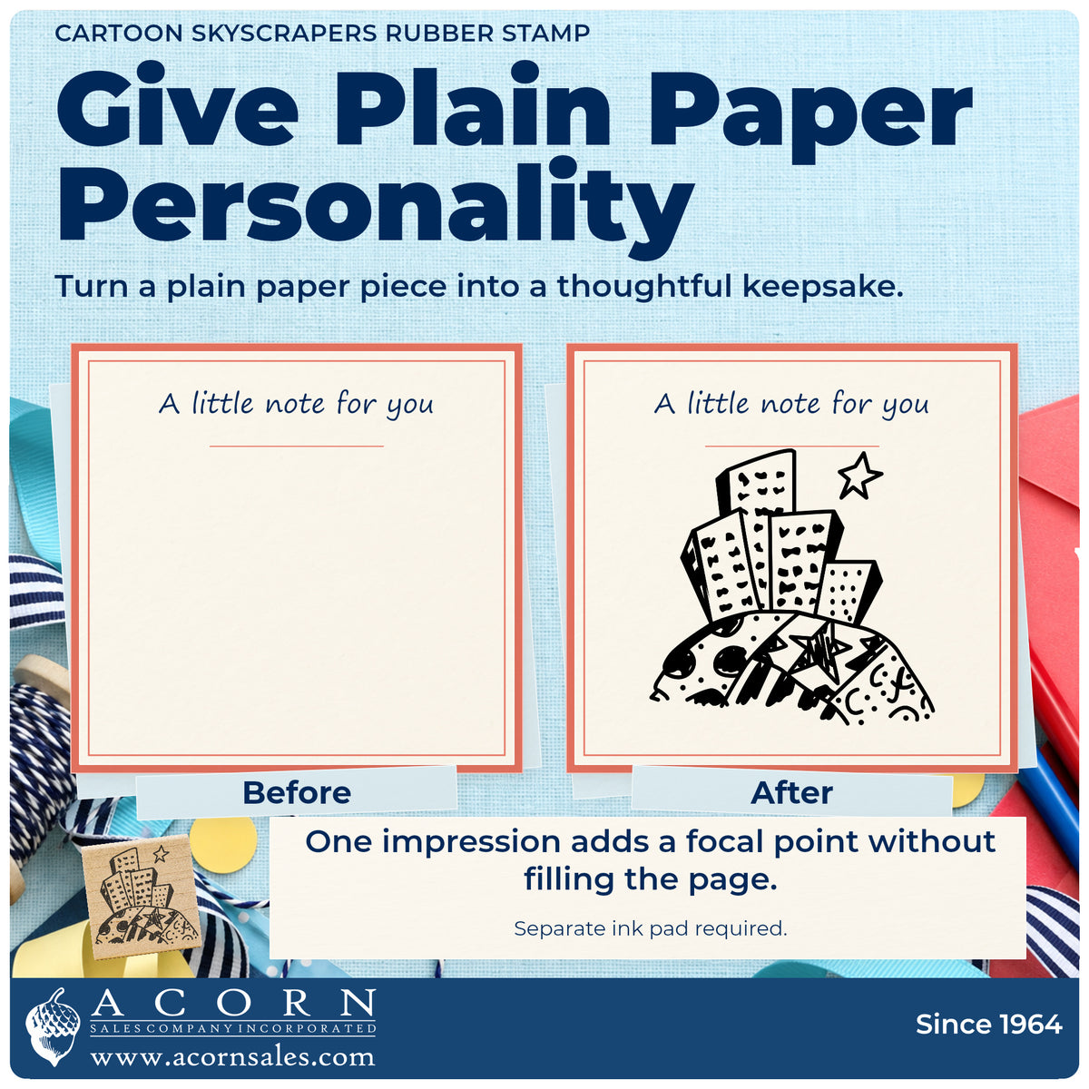 Cartoon Skyscrapers Rubber Stamp before-and-after infographic comparing plain paper with the stamped project.