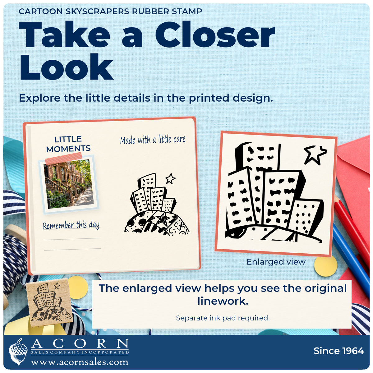 Cartoon Skyscrapers Rubber Stamp detail infographic with an enlarged view of the printed design.