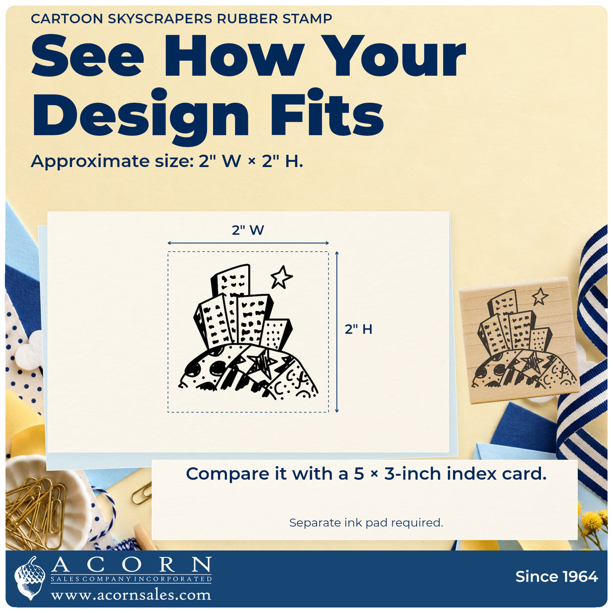Cartoon Skyscrapers Rubber Stamp impression-size guide showing the design on a paper reference with dimension labels.