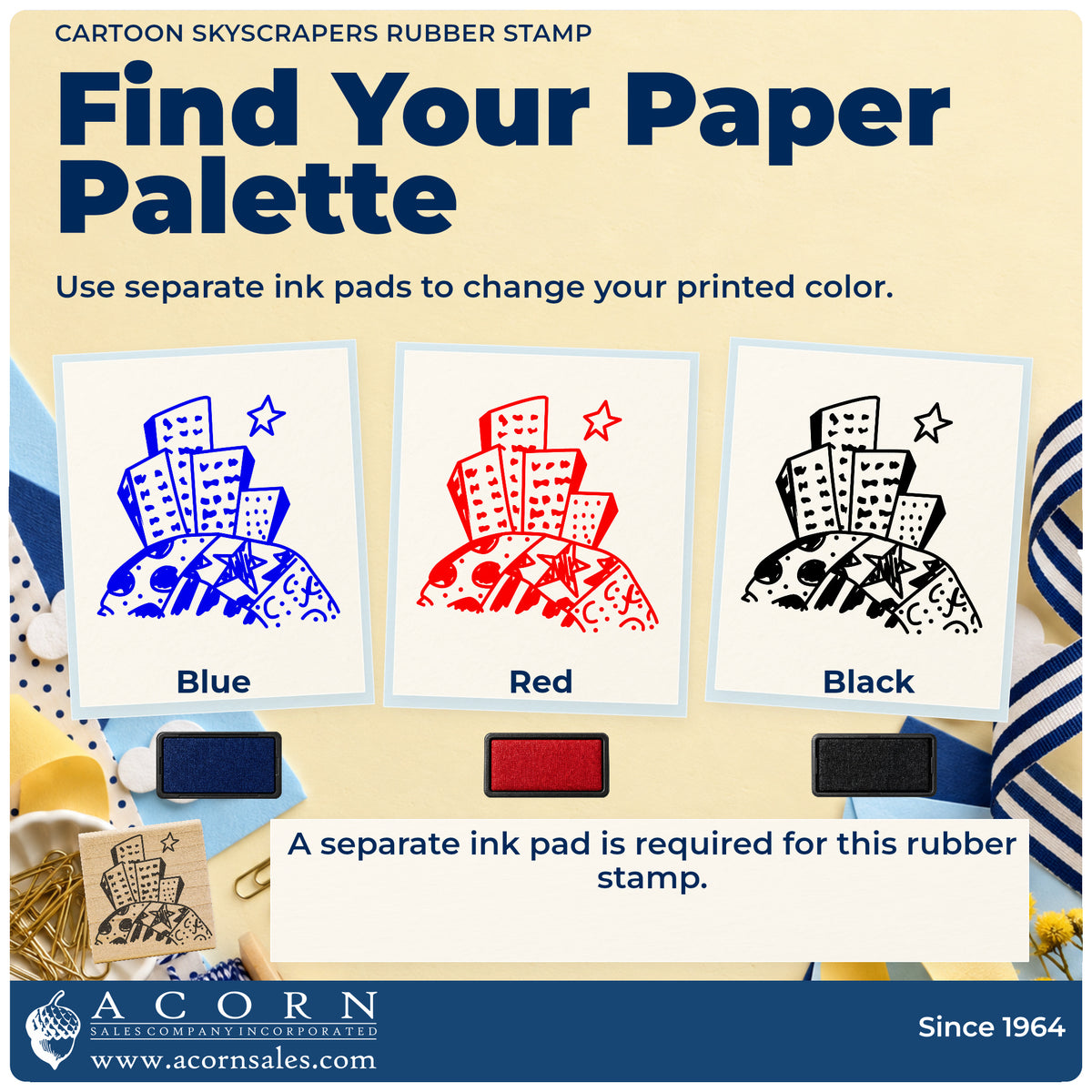 Cartoon Skyscrapers Rubber Stamp ink-color infographic comparing three single-color impressions and a separate ink pad.